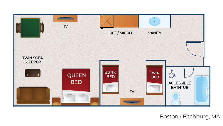 The floor plan for the accessible bathtub Junior Cabin Suite